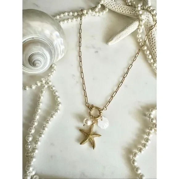 Starfish and faux pearl sea shell paper clip necklace - Picture 3 of 5